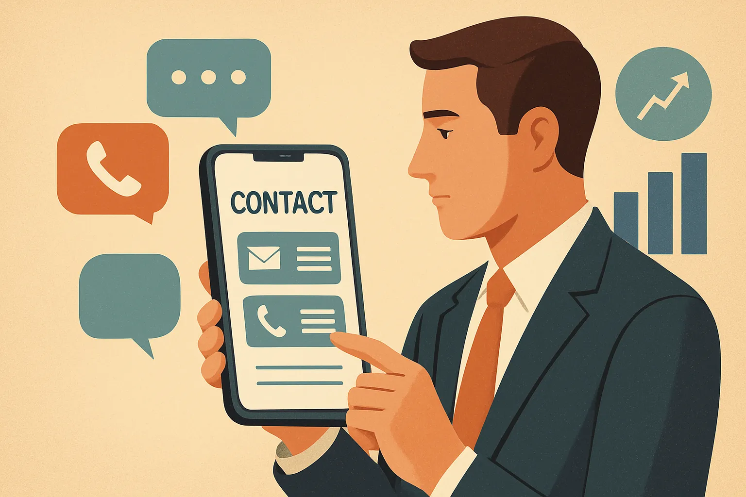 Ilustración de empresario usando la página de contacto en celular