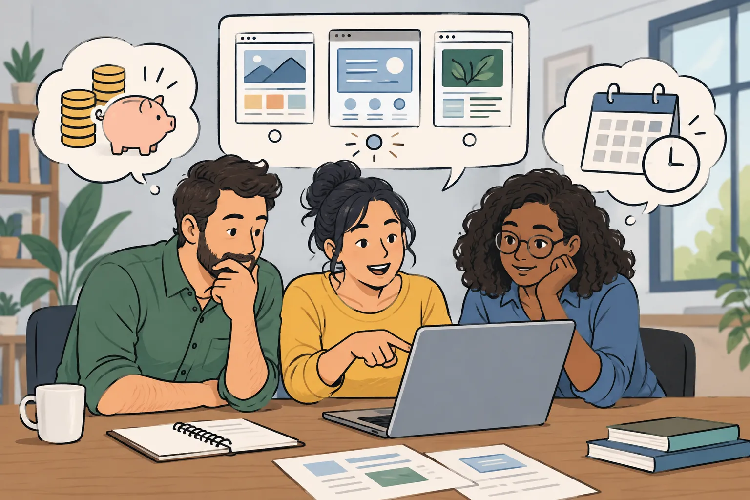 Ilustración editorial de un equipo de negocio analizando opciones de diseño web con enfoque en presupuesto y tiempo