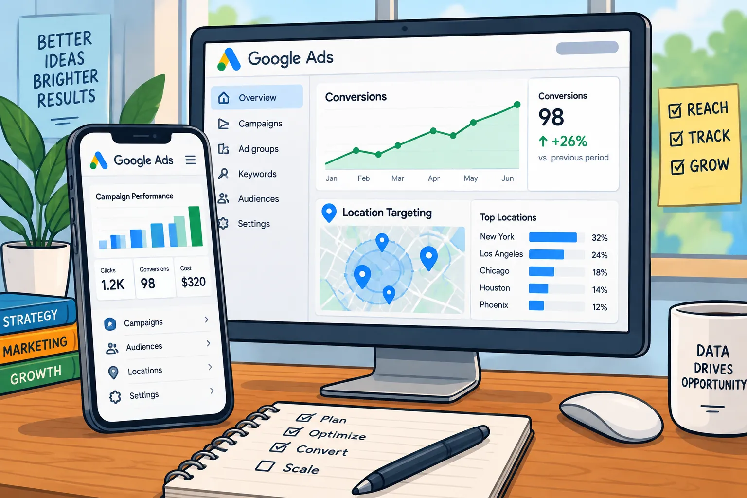 Ilustración editorial de un panel de control de campañas de Google Ads con seguimiento y segmentación