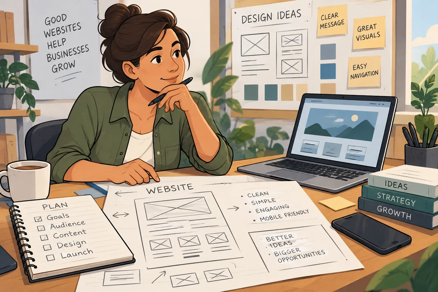Ilustración editorial de un dueño de negocio planificando el diseño web con bocetos y notas en un escritorio