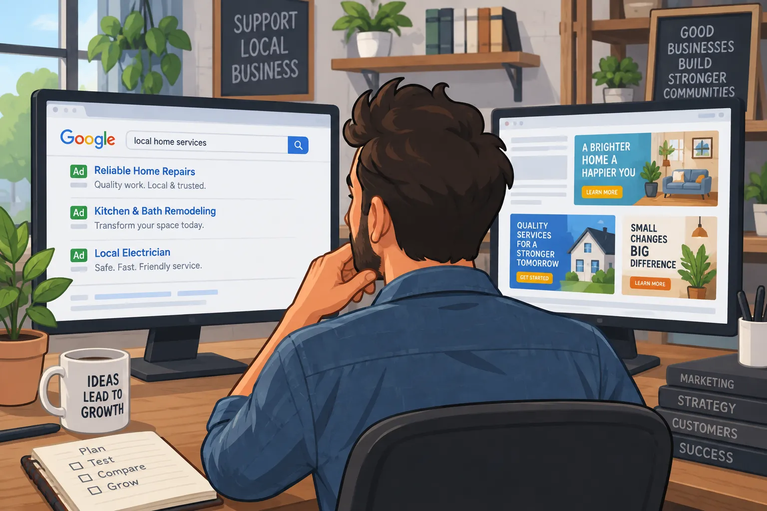 Ilustración editorial de un dueño de negocio local comparando campañas de búsqueda y display en Google Ads
