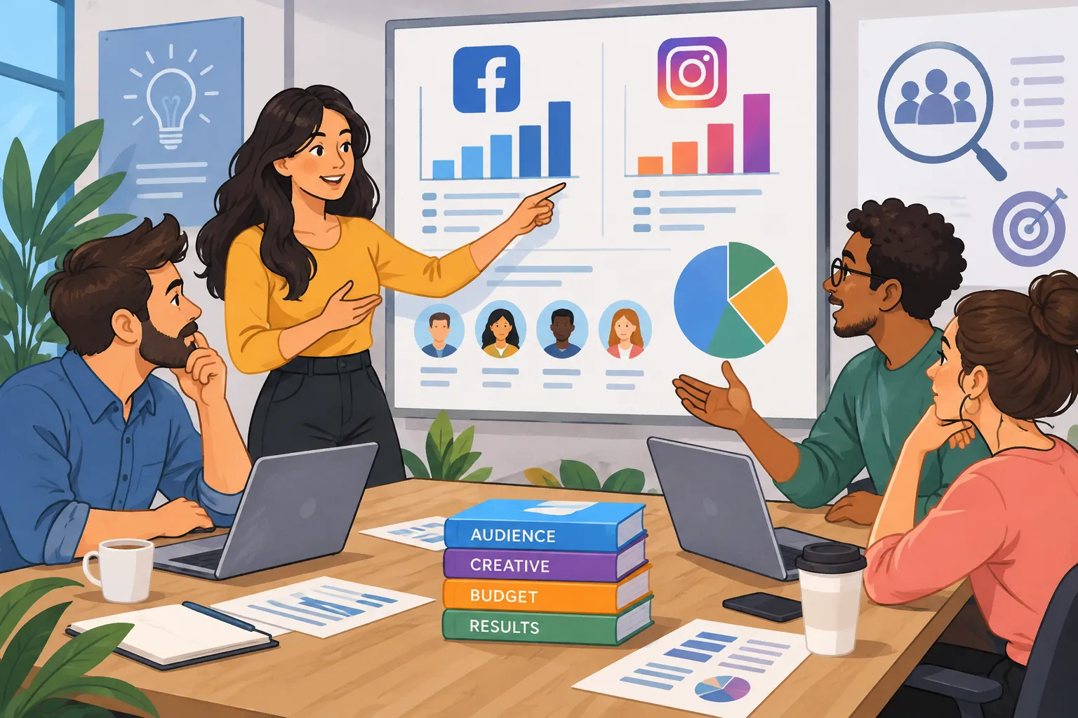 Ilustración editorial de un equipo de marketing digital analizando datos de campaña y discutiendo segmentación y presupuesto para anuncios en Facebook e Instagram