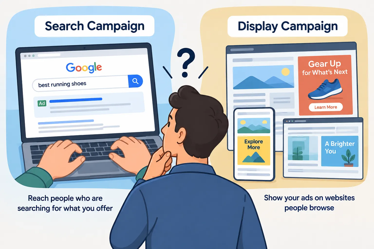 Ilustración editorial de un dueño de negocio eligiendo entre campañas de búsqueda y display en Google Ads