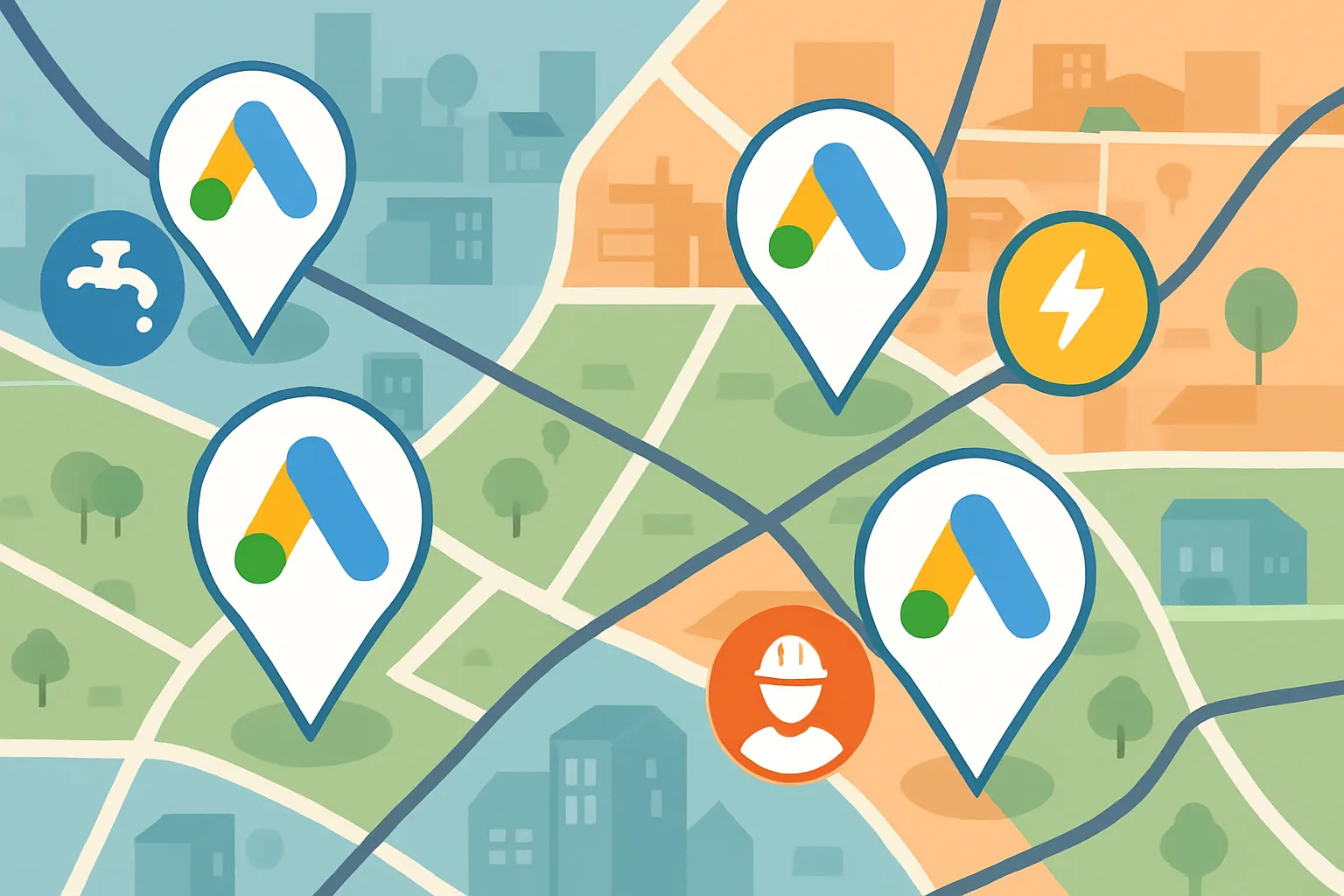 Mapa segmentado con anuncios de Google Ads para servicios locales