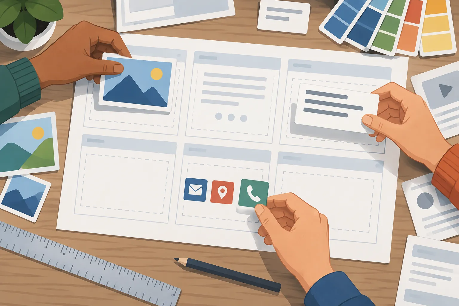Manos distribuyen elementos visuales en módulos para definir el contenido de un sitio web.