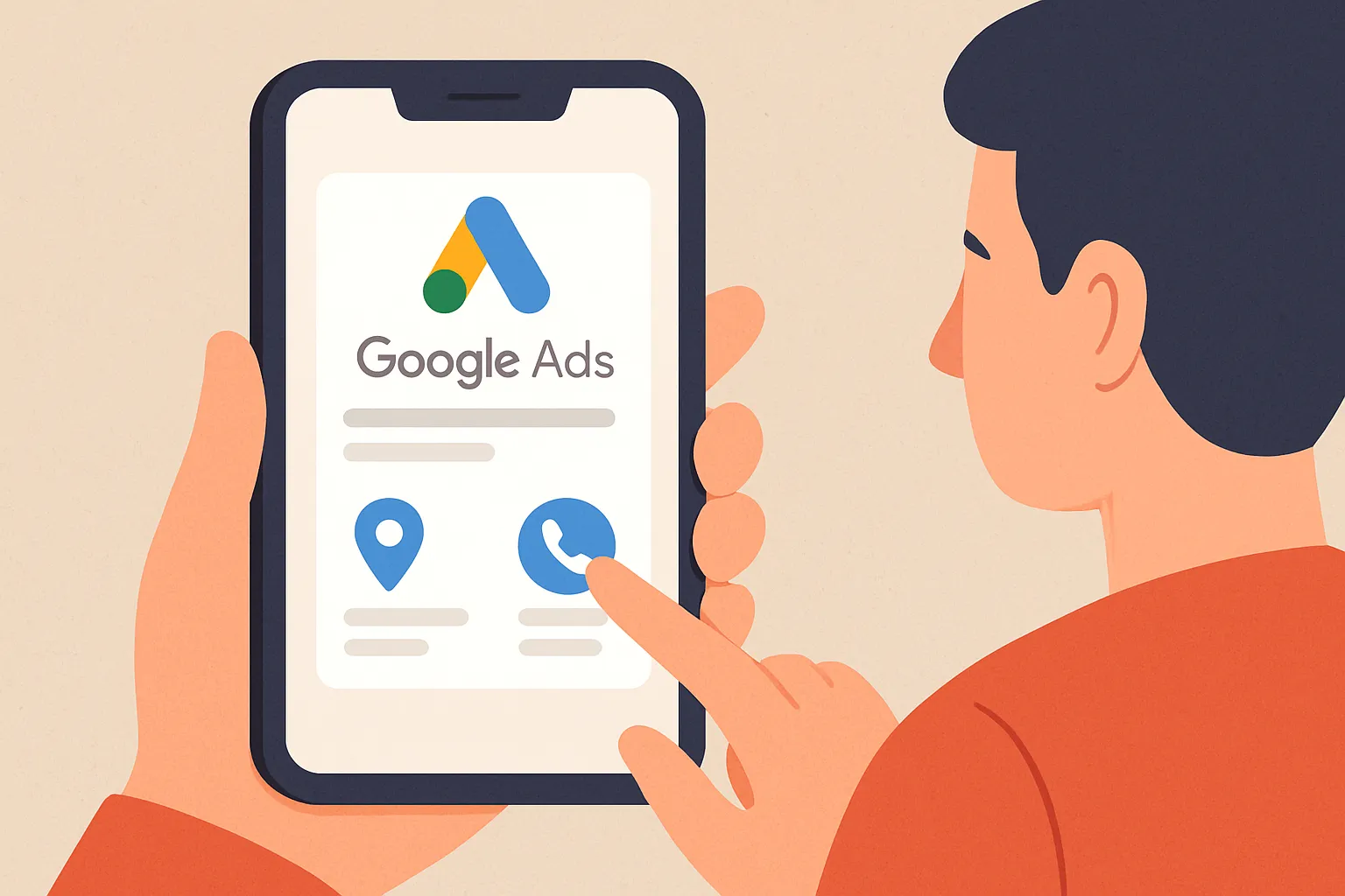 Usuario interactuando con anuncio de Google Ads en móvil con extensiones de llamada y ubicación