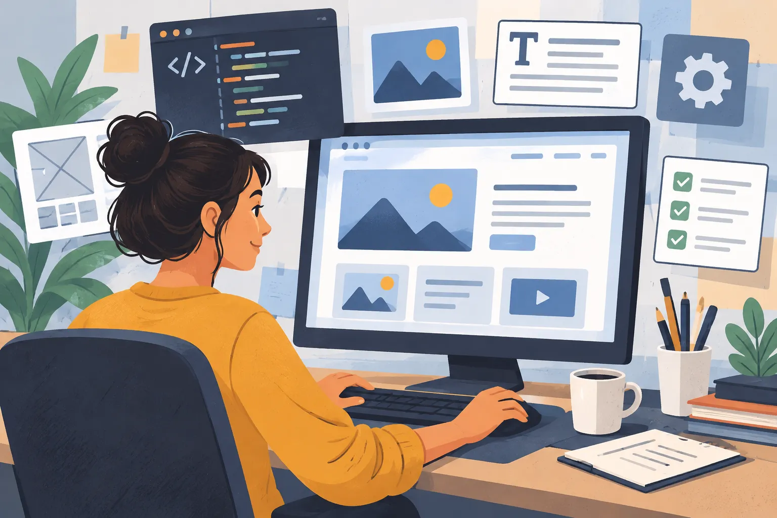 Ilustración editorial de un diseñador web actualizando un sitio con herramientas y bloques de contenido alrededor