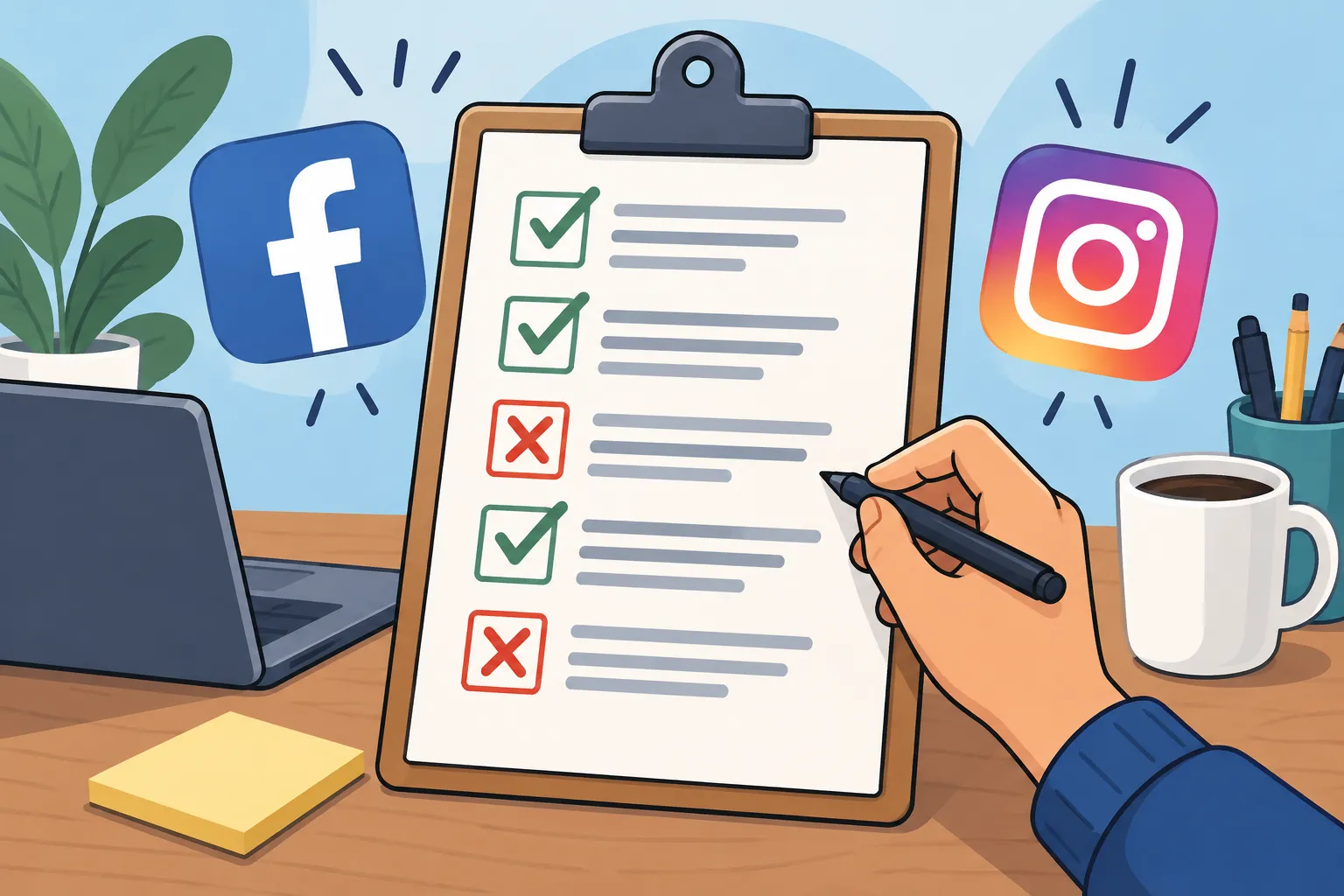 Ilustración editorial de una lista de verificación para mantener campañas de Facebook e Instagram Ads