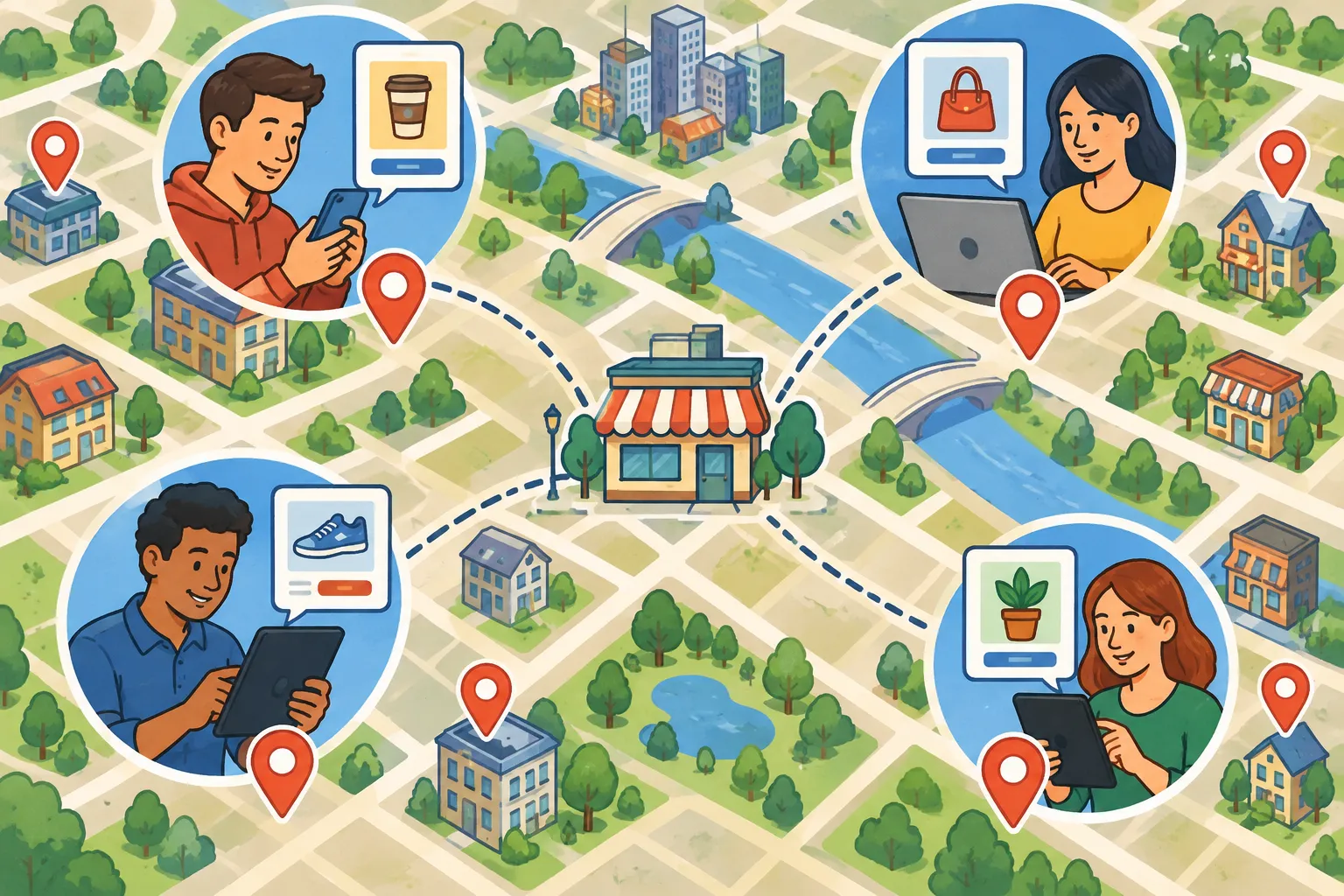 Ilustración editorial de un mapa local con marcadores de anuncios digitales en varios dispositivos