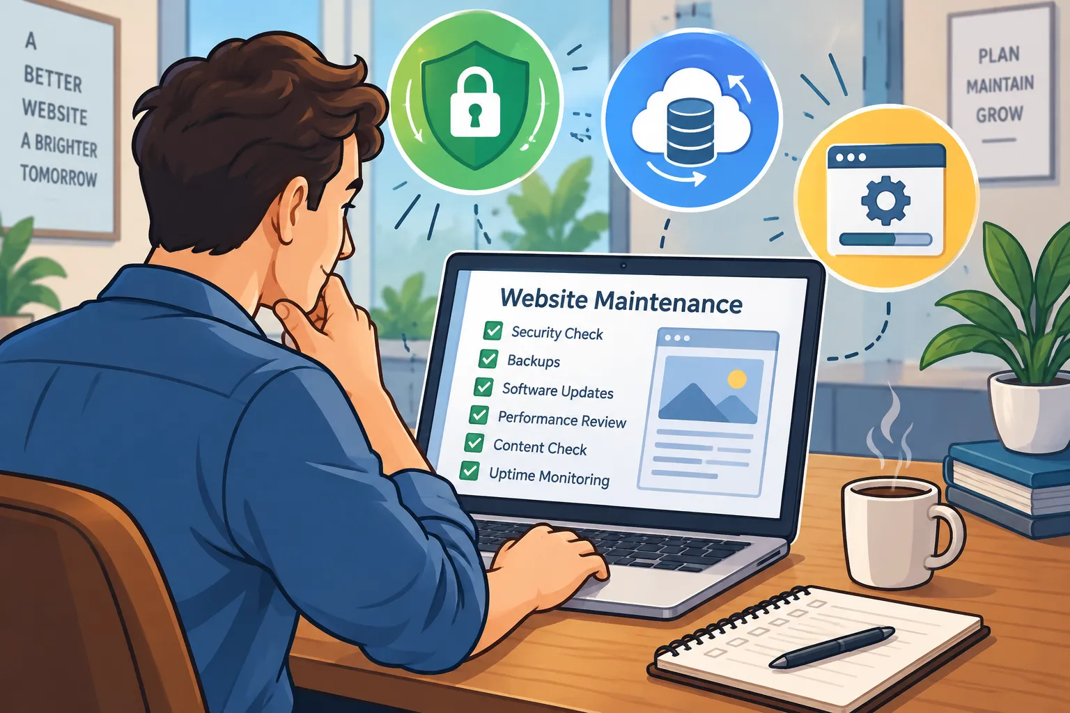 Ilustración editorial de un dueño de negocio revisando una lista de mantenimiento web en una laptop con iconos de seguridad y actualizaciones