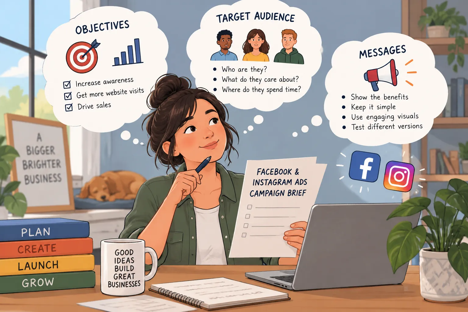Ilustración editorial de un dueño de negocio preparando un briefing para campañas de Facebook e Instagram Ads con burbujas de pensamiento sobre objetivos, público y mensajes