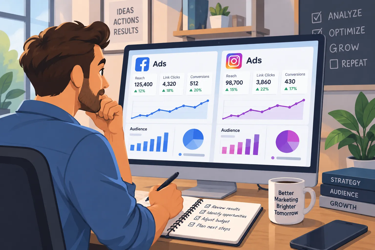 Ilustración editorial de un dueño de negocio revisando campañas de Facebook e Instagram Ads en una pantalla con gráficos