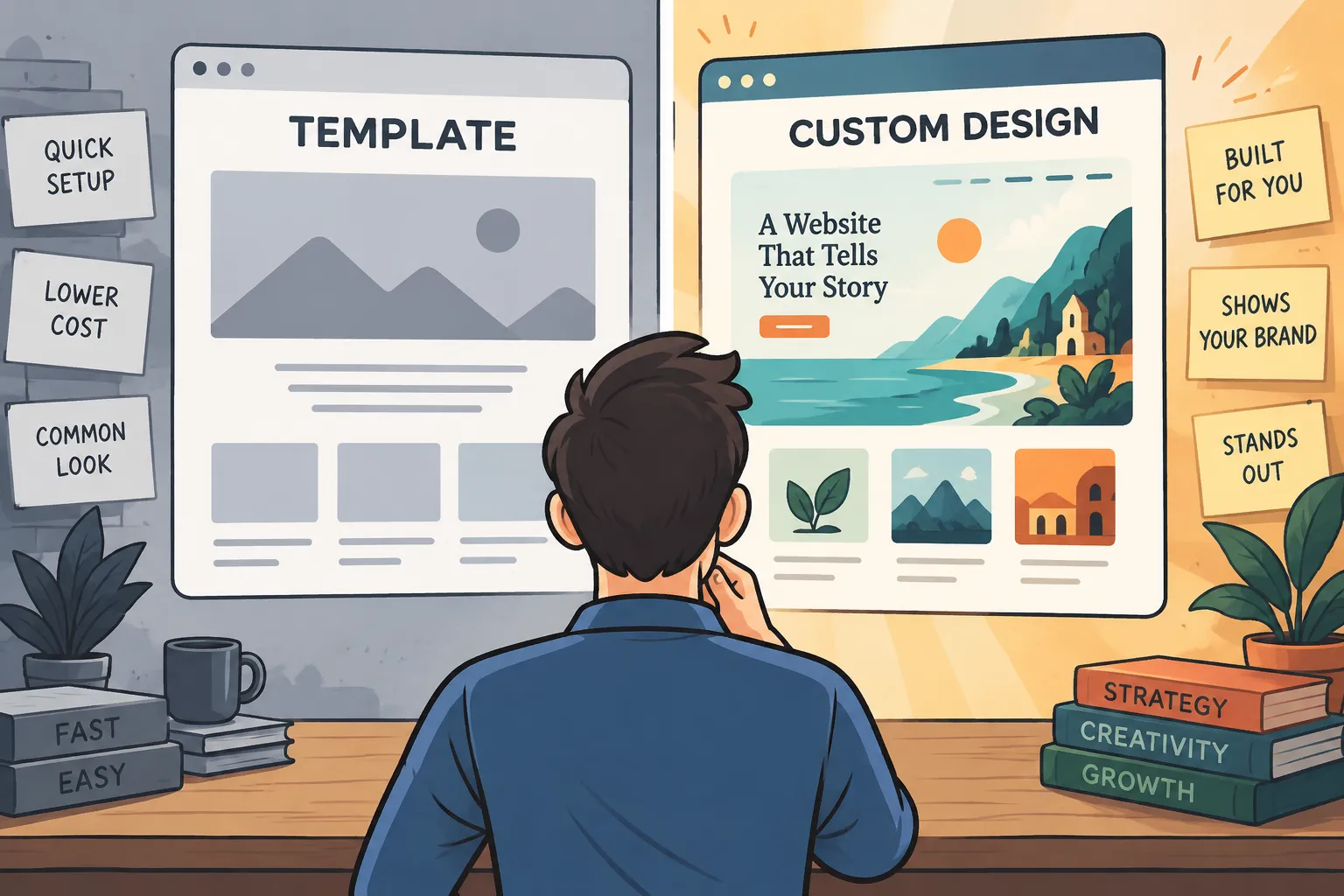 Ilustración editorial de un dueño de negocio eligiendo entre plantilla web y diseño personalizado
