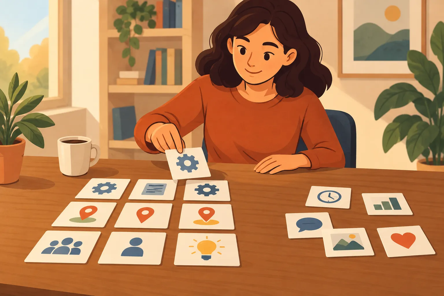 Persona organizando criterios de servicio, zona y necesidad en tarjetas ilustradas